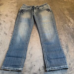 YMI Jeans Juniors Size 1 Blue Wash Embellished Bootcut Denim Pants Flap Pockets‎